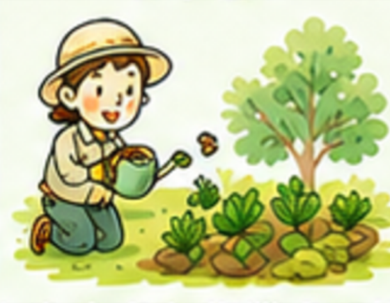 家庭菜園に水やりをするイラスト